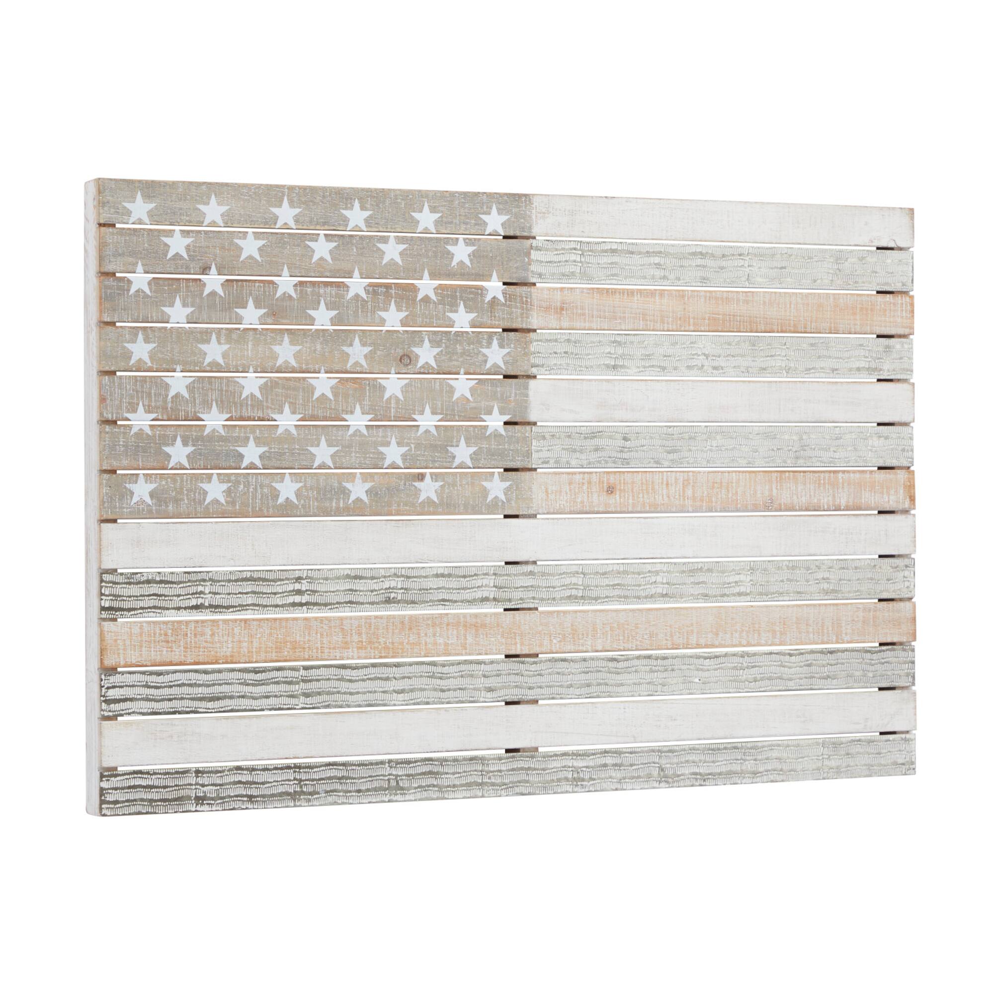 White Wood French Country American Flag Wall Decor, 26" x 38" x 2"
